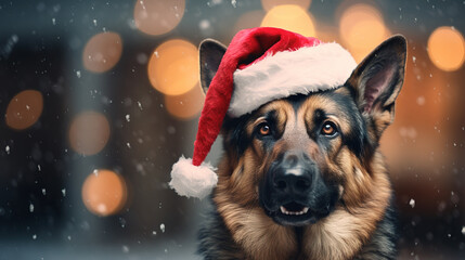Cool looking german shepherd dog wearing santa hat isolated on snow and blurred bokeh background. - obrazy, fototapety, plakaty