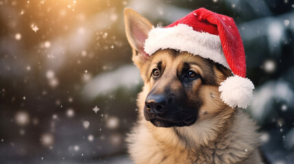 Cool looking german shepherd dog wearing santa hat isolated on blurred bokeh background.