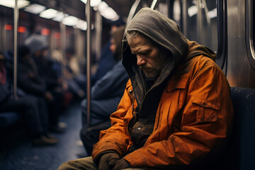 Urban Despair on Public Transit: A Homeless Man Finds Temporary Refuge in the Warmth of a City Subway Car