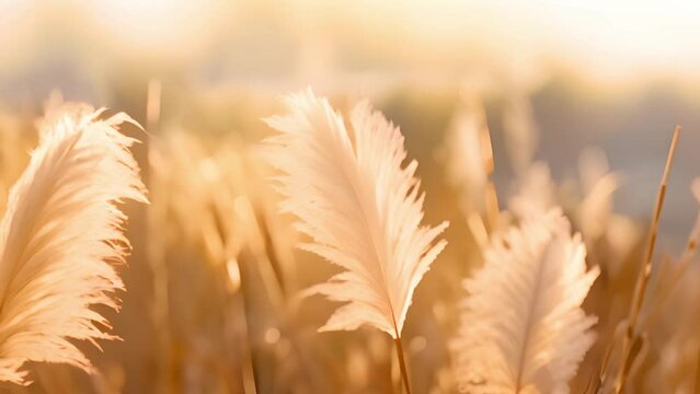 Pampas grass moving in the wind with sunrays. Close up Grass swings in the wind. plants slowly move in the wind. slow motion beautiful boho design with sunlight