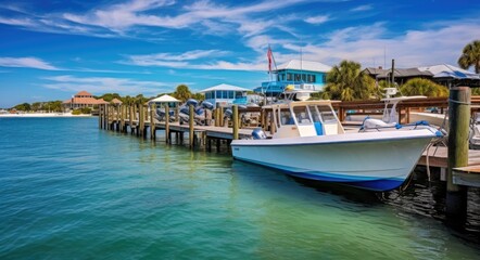 Anchored Boats at Bradenton Beach Pier on Anna Maria Island, Florida. Serene Daytime View of Historic Pier and Crystal Blue Waters - obrazy, fototapety, plakaty