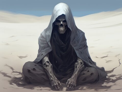  a skeleton sitting in the middle of a desert with a hood on it's head and hands on his knees.
