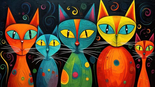  a painting of a group of cats with different colored eyes and whiskers on a black background with swirls.