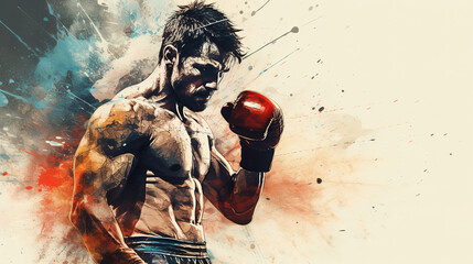 Cool looking boxer punching in mixed grunge colors style illustration.