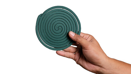 Spiral green mosquito repellent, human hand holding mosquito coil