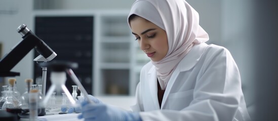 Muslim woman doing chemistry experiment in scientist laboratory