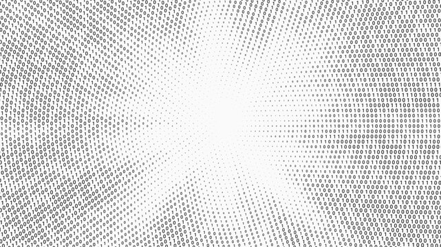 Halftone letter binary code pattern forming rays. Coding language symbols forming a sun rays. Artificial intelligence technology futuristic background.