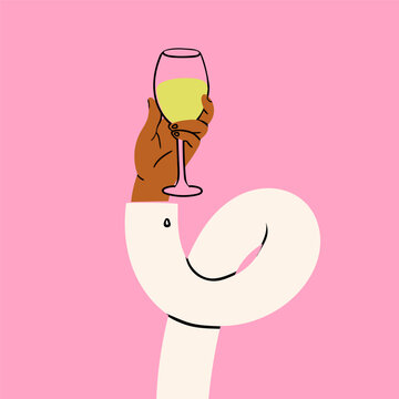 Stretched, flexible long human hand holding glass of white wine or champagne. Boneless elastic arm. Cartoon style. Hand drawn abstract trendy Vector illustration. Poster, card, print, design template