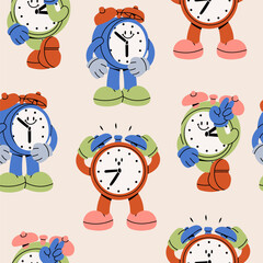 Various Alarm clocks. Cute funny mascot with face. Hand drawn trendy Vector illustration. Cartoon style wake up clock characters. Poster, print, wallpaper template. Square seamless Pattern - 679713907