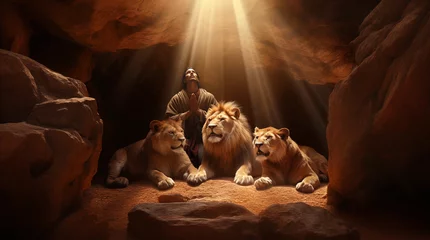 Poster Daniel in the Lions' Den - Luminous Faith: Daniel's Prayerful Encounter with the Lions - The Prayerful Warrior: Daniel's Confrontation with the Lions Illuminated © ana