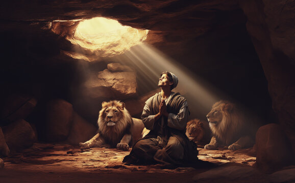 Daniel in the Lions' Den - Supernatural Shield: Daniel's Serenity Amidst the Lions - Heavenly Refuge: Daniel's Hands Clasped in the Lions' Den