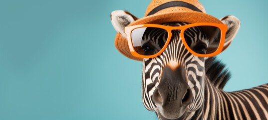 Stylish zebra with sunglasses and hat, travel concept on pastel background with copy space