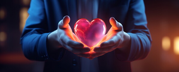 Hands holding a red heart. Concept health care, love, organ donation, world heart day, world health day, donation charity, national organ donor day, world mental health day