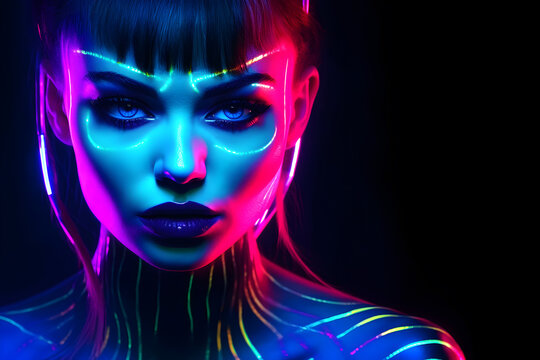 Fashion Surreal Concept. Closeup portrait of stunning girl portrait with abstract, graphic highlighters rainbow ultra-bright neon lines . dynamic dramatic composition, advertisement, copy space