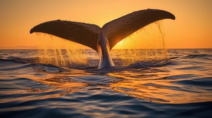 Southern Right Whale (Eubalaena australis) fluking at sunset - obrazy, fototapety, plakaty