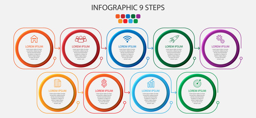 Simple infographic vector design with 9 options or sections, line design with colors combined with circle shapes. used for workflow, presentation, and business