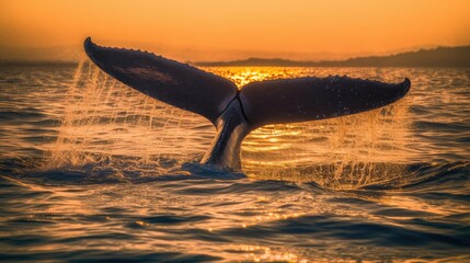Fototapeta premium Southern Right Whale (Eubalaena australis) fluking at sunset