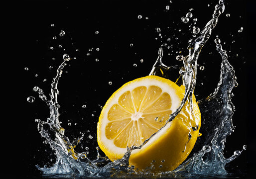 lemon in water splash on a black background