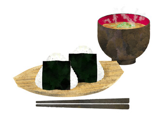 水彩で描いたおにぎりとお味噌汁のセットイラスト　湯気あり