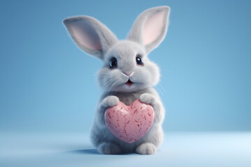 Valentine's day card with Kawaii bunny. Rabbit cartoon collection. Small lovely rabbit holds love heart