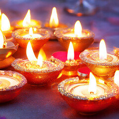 Obraz na płótnie Canvas Burning diya lamps for diwali festival selective focus ai generated 