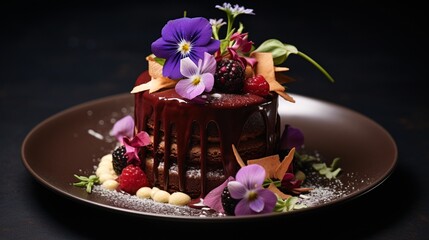 Obraz na płótnie Canvas dessert experience with an image of a decadent chocolate cake, exquisitely crafted with rich ganache and adorned with edible flowers