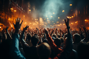 Fototapeta na wymiar A vibrant scene capturing the energy of a large audience, joyously waving their hands in sync with the music at a lively concert. Ai generated