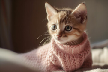 Adorable feline fashion statement featuring a sweet kitty cat in a charming pink sweater. Ai generated