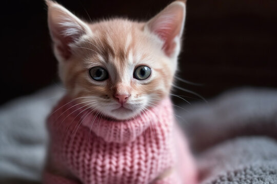 Adorable feline fashion statement featuring a sweet kitty cat in a charming pink sweater. Ai generated