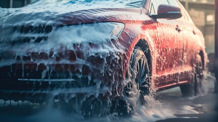 Generative AI, car wash with foam soap, high pressure vehicle washer machine sprays foam, self service - obrazy, fototapety, plakaty