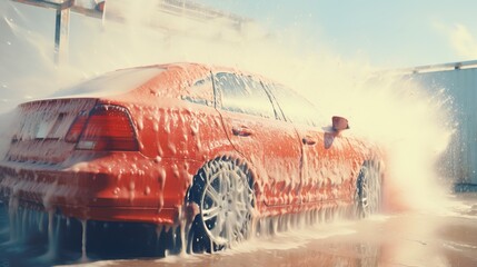 Generative AI, car wash with foam soap, high pressure vehicle washer machine sprays foam, self service - obrazy, fototapety, plakaty