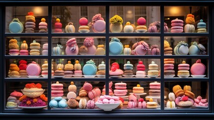 the essence of a bakery window, showcasing an array of colorful macarons, cookies, and petit fours, expertly arranged for a visual feast