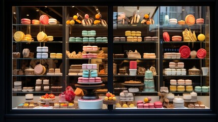 the essence of a bakery window, showcasing an array of colorful macarons, cookies, and petit fours, expertly arranged for a visual feast