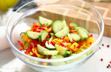 Fresh Chopped Chili Pepper Cucumber Salad Bowl. Small Cuke Pieces. Colorful Dieting Vegetable Dish. Natural and Ripe Ingredient. Home Culinary. Healthy Culinary Recipe Horizontal Photography