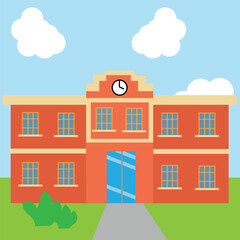 Naklejka premium Front view of a classic school building with big windows and doors. Flat, cartoon style vector illustration. Elementary or high school architecture with trees and shrubs.
