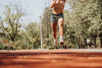 Caucasian sportswear-clad couple sprints in park, utilizing parachute for outdoor training. Enjoy the sunny day as they motivate each other toward better fitness.