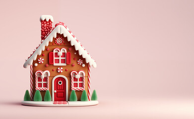 cute gingerbread cottage house on plain pink studio background with copy space - obrazy, fototapety, plakaty