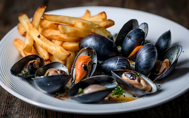 Capture the essence of Moules-Frites - Belgium in a mouthwatering food photography shot Generative AI - obrazy, fototapety, plakaty