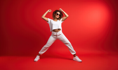 Fototapeta na wymiar jeune femme bouclée habillée en blanc avec des lunettes de soleil en train de danser - fond rouge