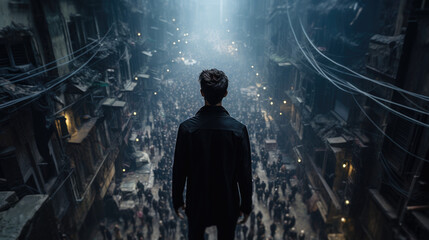 man stands tall above narrow slum street