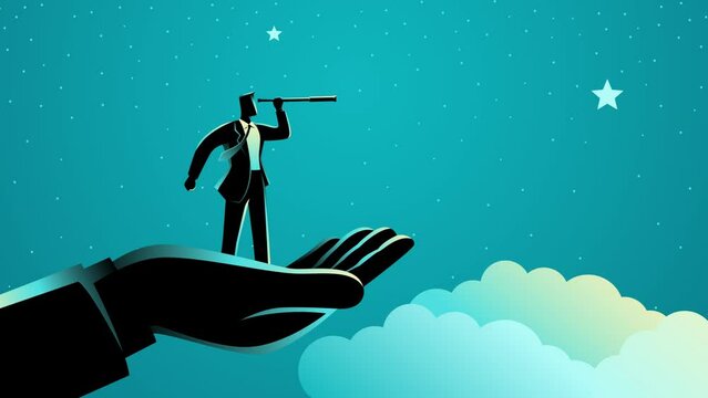 Motion graphics showcasing a helping hand guiding a businessman using a telescope to observe the stars. This powerful business concept symbolizes vision, collaboration, and reaching for ambitious goal