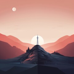 sunset over the mountains with a tower