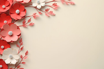 Paper cut flowers and leaves, Fresh spring nature background. Floral banner, poster, flyer template with copy space.