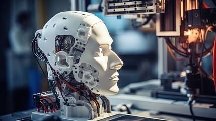 3d printing workshop. 3d printer printed Robot head. Robot parts manufacturing with additive technology. 3d printing equipment, plastic filament, and tools used in engineering and prototyping industry