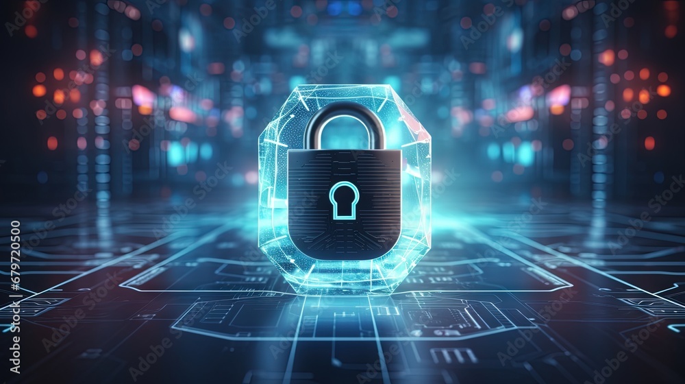 Leinwandbilder Digital cybersecurity hud hologram with glowing lock and network circuit. Concept of internet security and global protection. 3D rendering