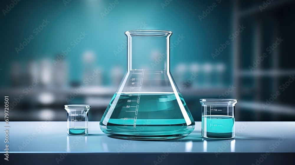 Poster cosmetic podium display with glass flask and cylinder equipment in medical science lab background, 3