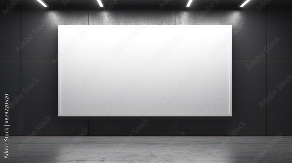 Poster front view on blank white billboard with place for your text or logo in the center of empty room wit