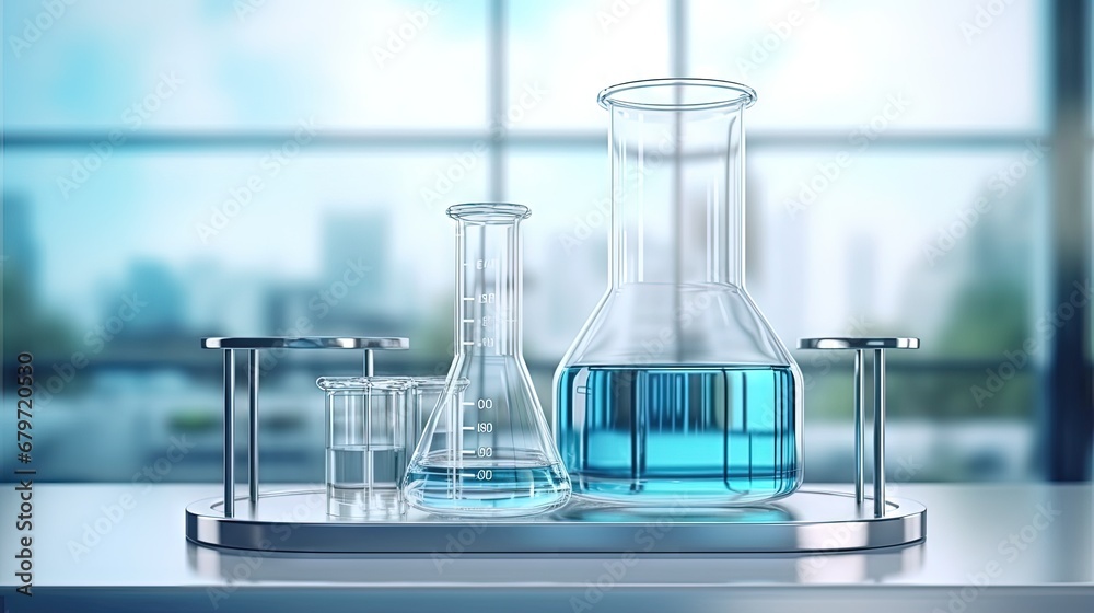 Poster cosmetic podium display with glass flask and cylinder equipment in medical science lab background, 3