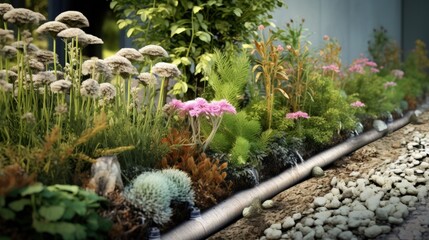 A diagrammatic 3D illustration of a Rain Garden drainage system. Rainwater run-off is diverted from the gutters into an underground pipe to a small retention garden area where it is absorbed.
