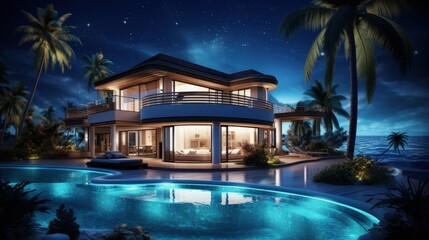 3d rendering of modern cozy house with pool and parking for sale or rent in luxurious style by the sea or ocean. Starlight night by the azure coast with palm trees and flowers in tropical island - obrazy, fototapety, plakaty